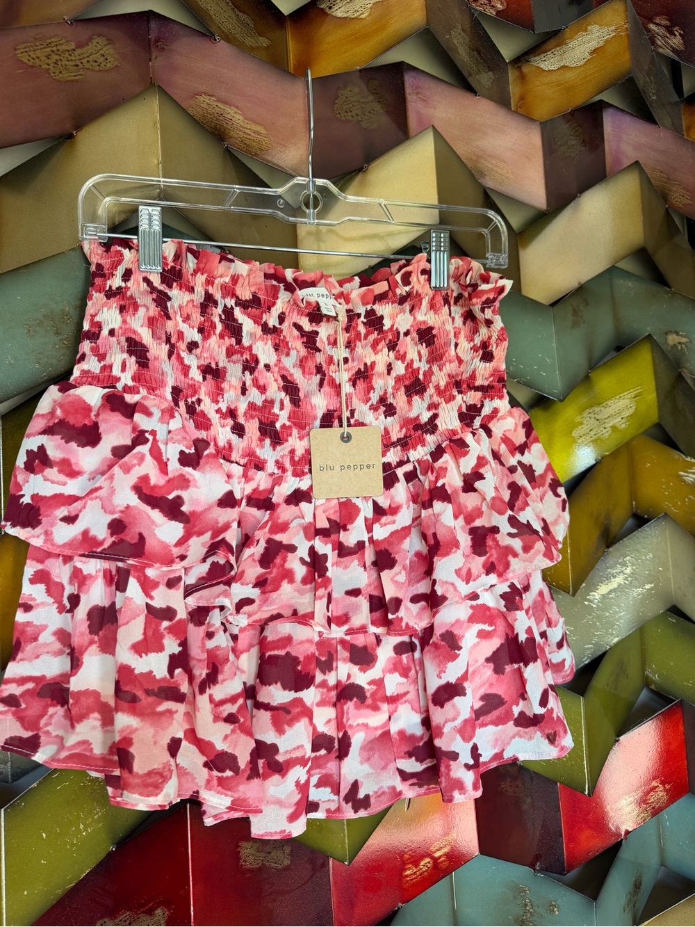 Blu Pepper Pink and Red Tiered Ruffle Mini Skirt
